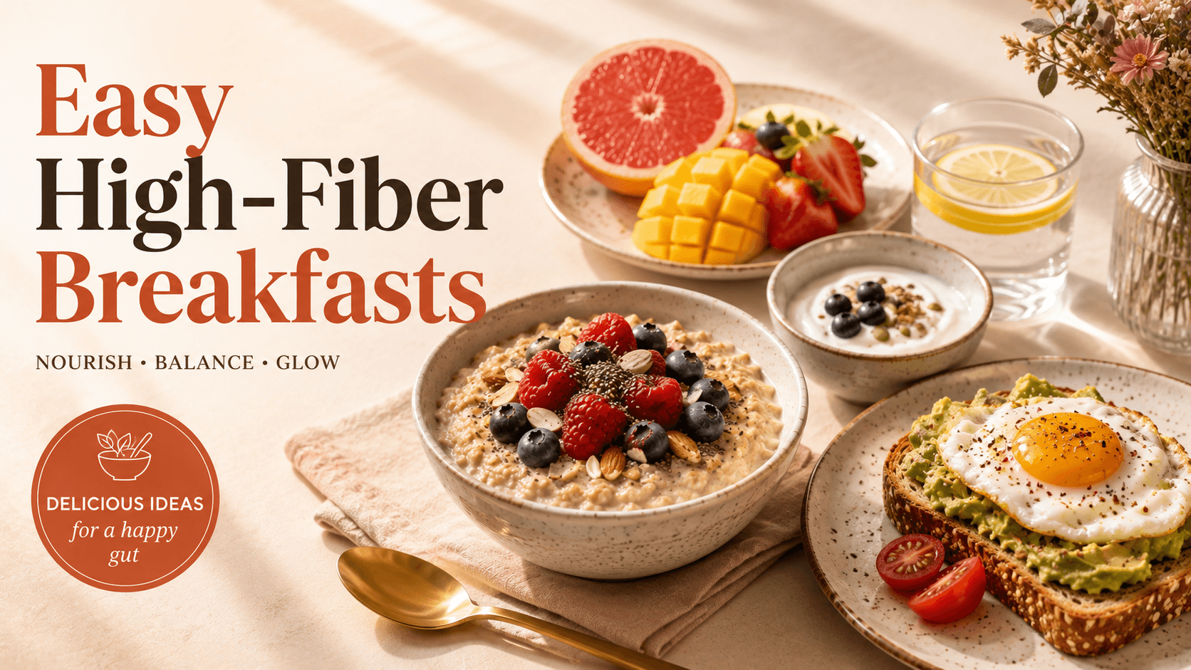 A sunlit breakfast table with a bowl of oatmeal topped with berries, almonds, and chia seeds, a plate of grapefruit and mango, avocado toast with a fried egg, and a small yogurt bowl