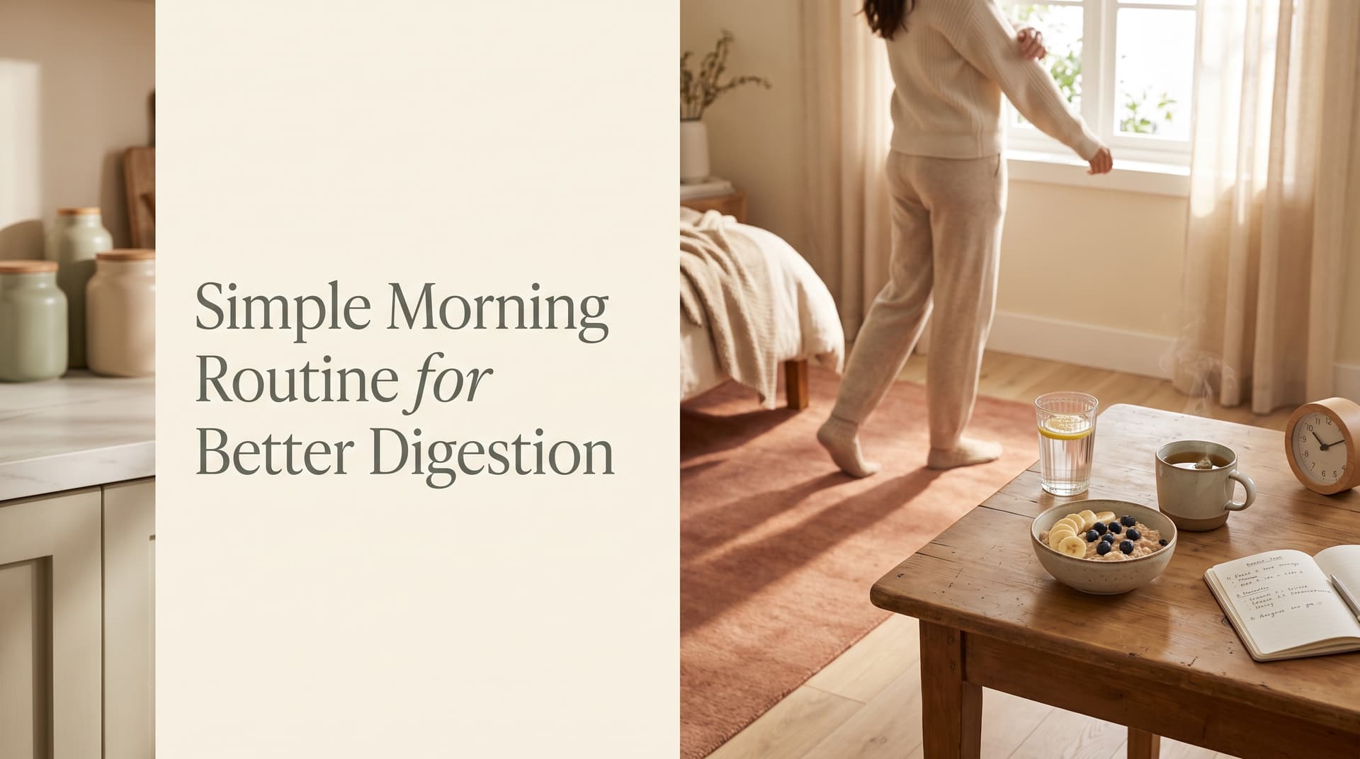 Woman stretching by a sunlit window in her bedroom, with a wooden table nearby holding oatmeal with fruit, tea, and a glass of lemon water