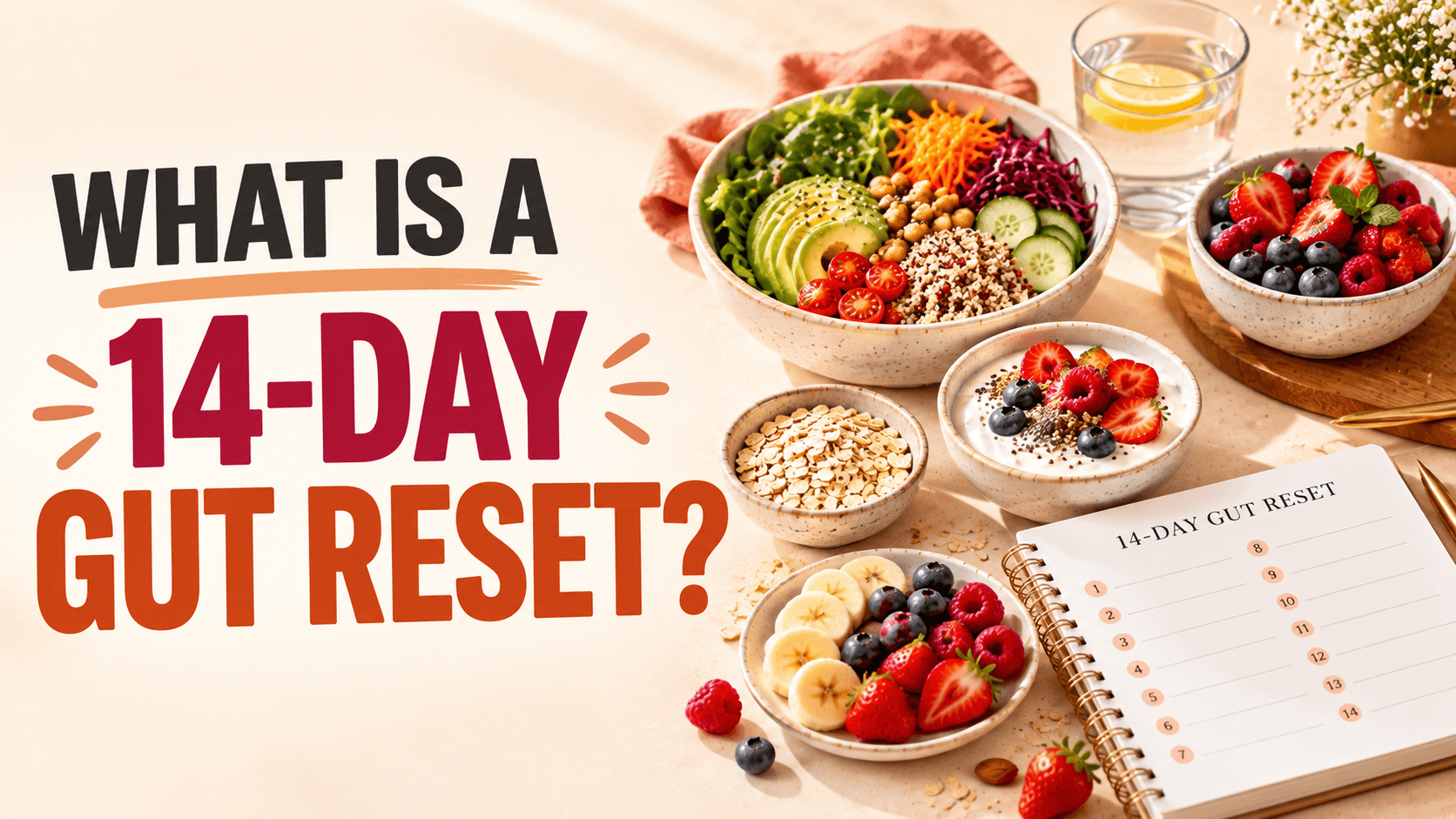 A large salad bowl with avocado, chickpeas, quinoa, shredded carrot and beet, next to bowls of oats, chia yogurt, and mixed berries, and a spiral notebook headed "14-Day Gut Reset" with a numbered 1–14 checklist