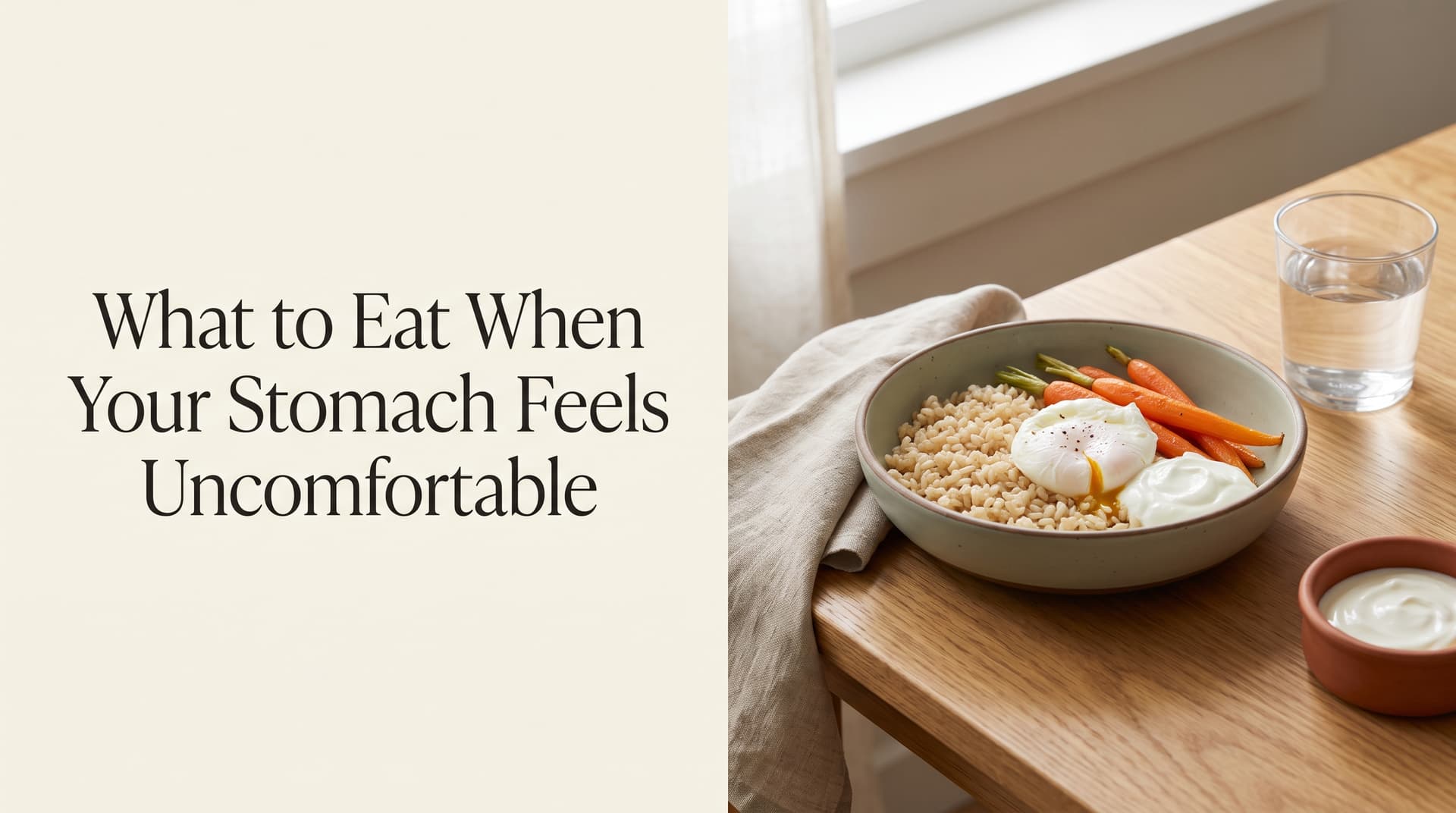 Bowl of brown rice with a poached egg, steamed carrots and green beans, and a side of yogurt on a wooden table