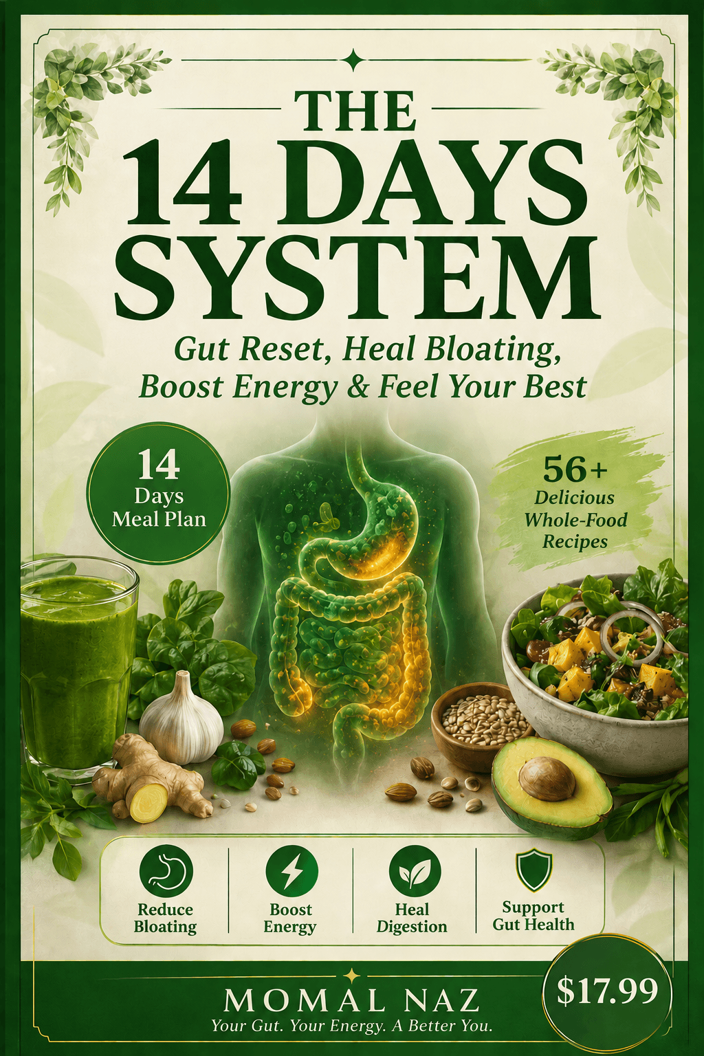Cover of The 14-Day Gut Reset guide, showing a glowing digestive-system illustration, a green smoothie, a grain and avocado bowl, and icons for reduce bloating, boost energy, heal digestion, and support gut health