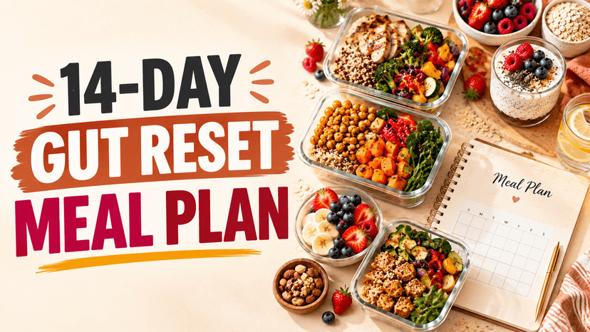 Four glass meal-prep containers filled with grain bowls of chicken, roasted vegetables, and quinoa, beside a chia yogurt parfait, bowls of oats and berries, and a meal-plan notebook with a blank calendar