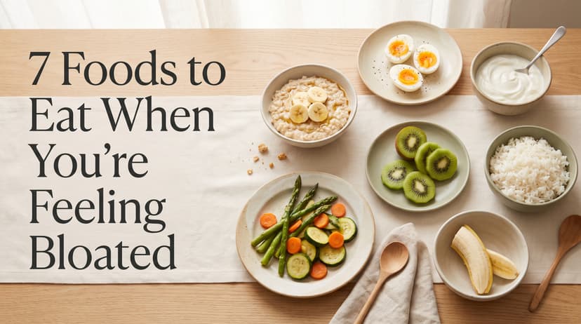 Overhead spread of bloat-friendly foods: oatmeal with banana, soft-boiled eggs, plain yogurt, sliced kiwi, rice, and steamed vegetables