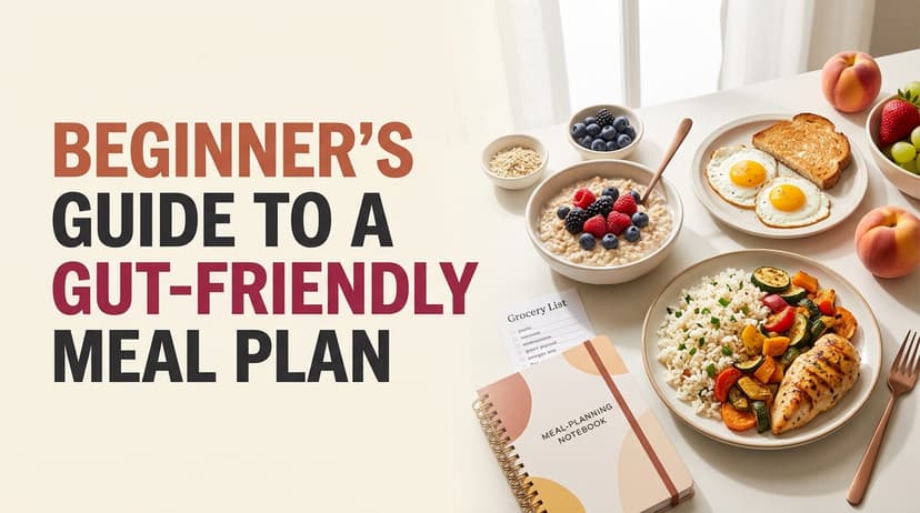 A breakfast and lunch spread on a white table — oatmeal with berries, two fried eggs with toast, a plate of rice with roasted vegetables and chicken — beside a meal-planning notebook and grocery list