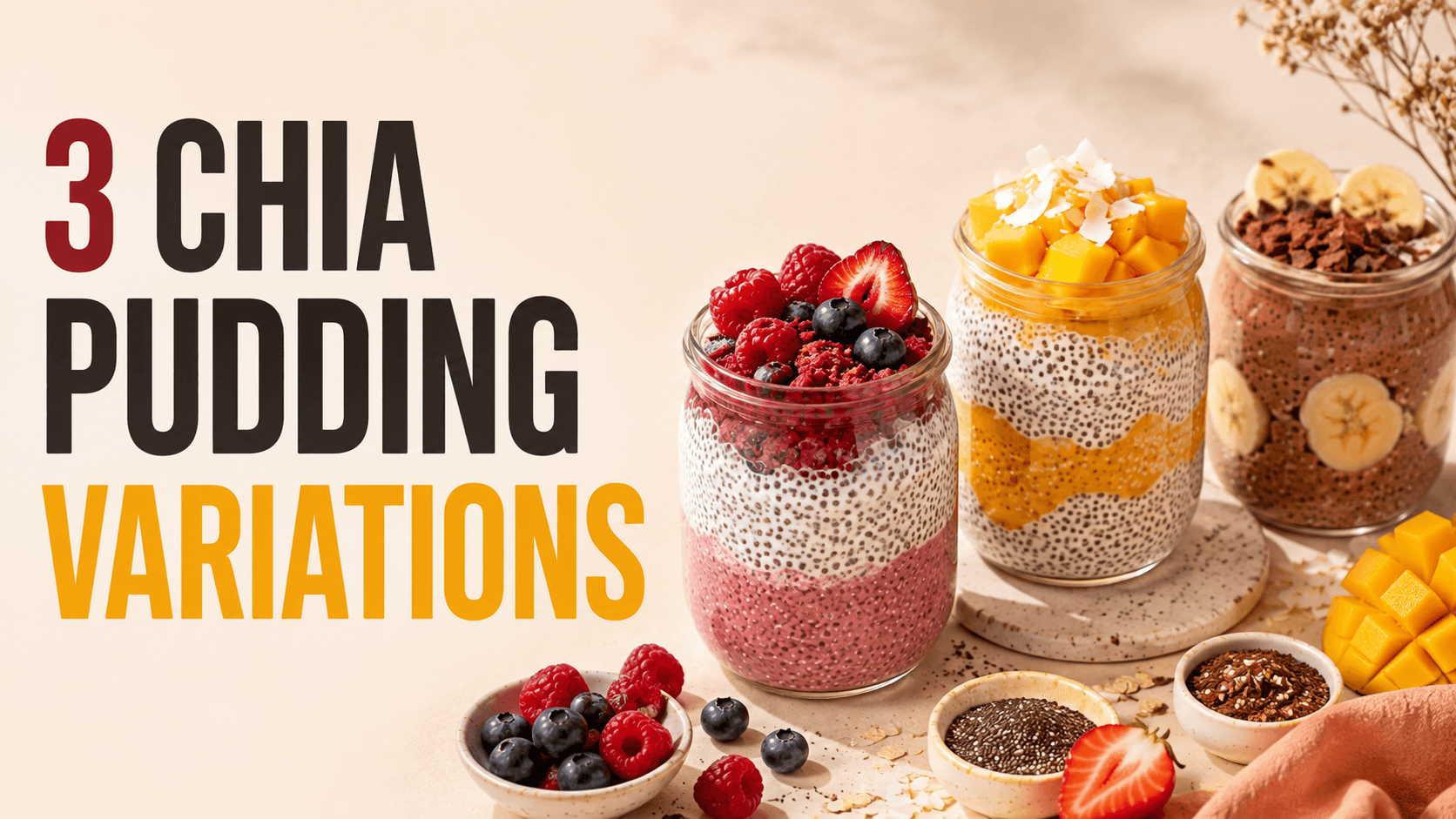 Three glass jars of layered chia pudding — mixed berry, mango coconut, and chocolate banana — with small bowls of fresh berries, chia seeds, and mango on a cream surface