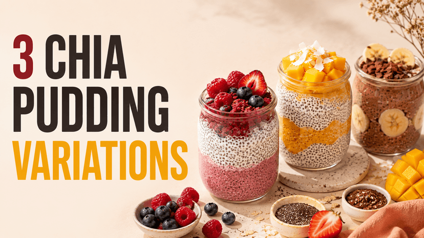 Three glass jars of layered chia pudding — mixed berry, mango coconut, and chocolate banana — with small bowls of fresh berries, chia seeds, and mango on a cream surface