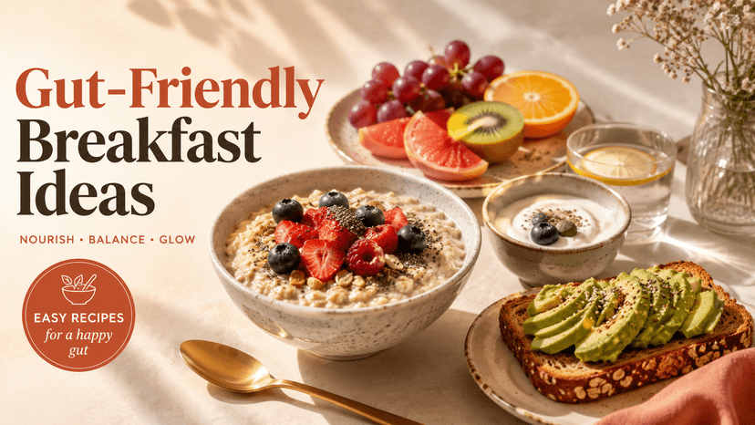 A bright breakfast table with a bowl of oatmeal topped with berries, granola, and chia seeds, a plate of sliced citrus and kiwi, avocado toast, a small yogurt bowl, and a glass of lemon water