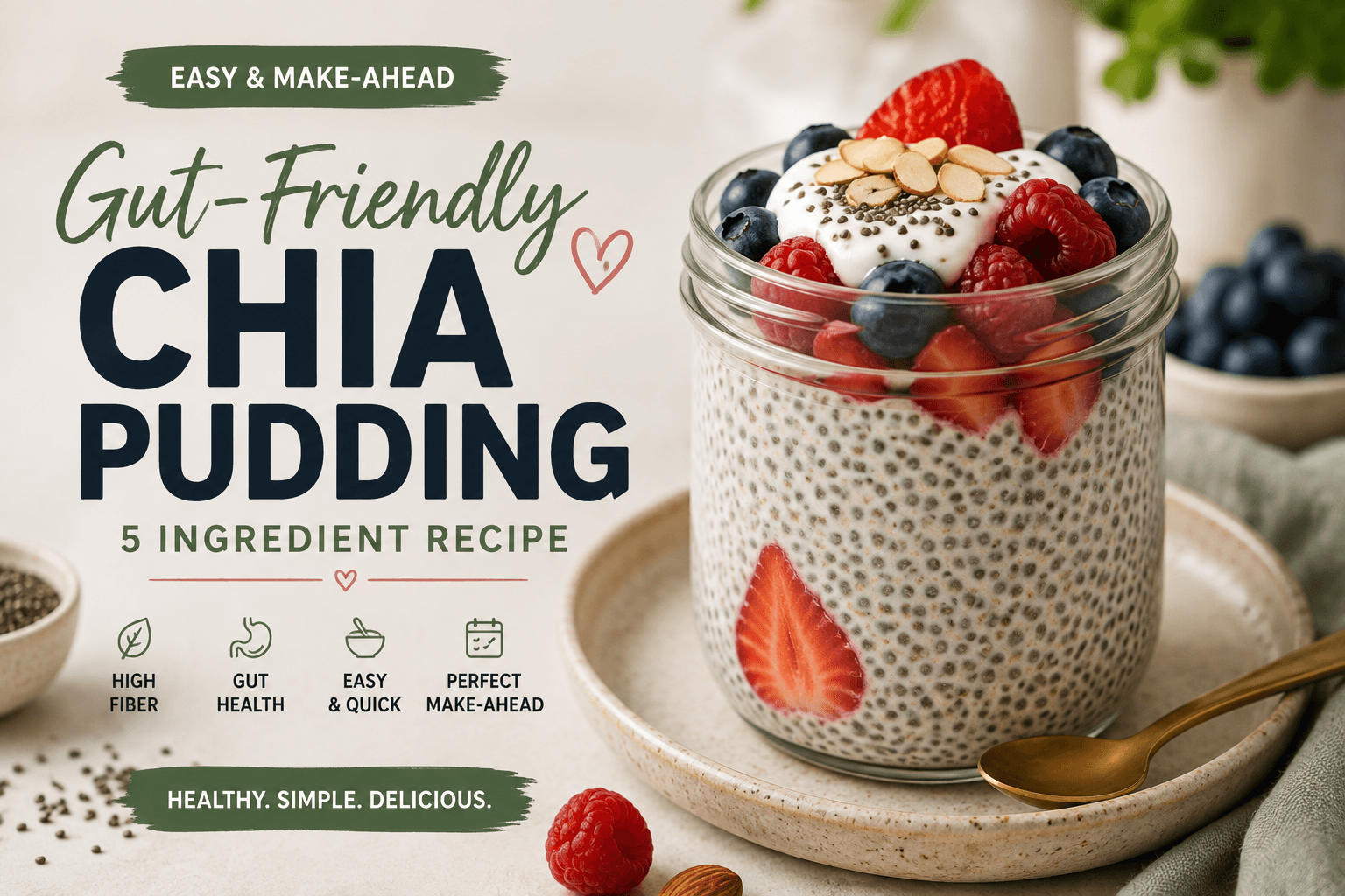 Glass jar of chia pudding topped with Greek yogurt, blueberries, raspberries, strawberries, and sliced almonds on a speckled ceramic plate
