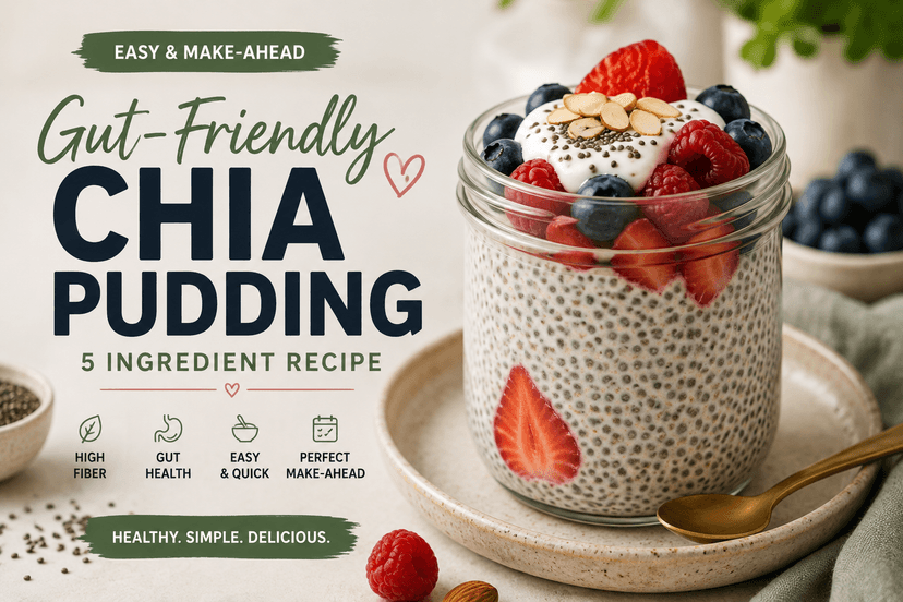 Glass jar of chia pudding topped with Greek yogurt, blueberries, raspberries, strawberries, and sliced almonds on a speckled ceramic plate