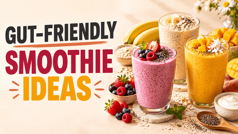 Three smoothies in tall glasses — pink berry, creamy banana, and golden mango — topped with fruit and chia seeds, surrounded by bananas, mango chunks, oats, and bowls of berries on a cream surface