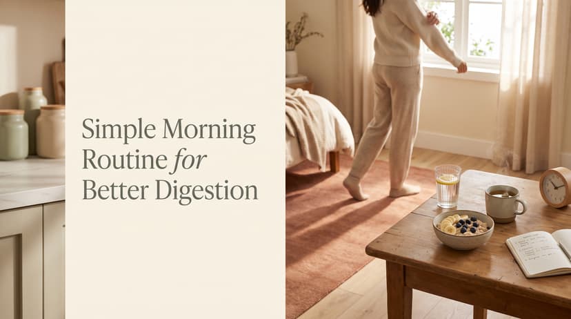 Woman stretching by a sunlit window in her bedroom, with a wooden table nearby holding oatmeal with fruit, tea, and a glass of lemon water
