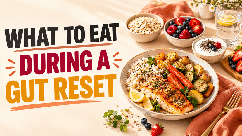 A large bowl of brown rice with baked salmon, roasted carrots and zucchini, beside small bowls of oats, mixed berries, chia-topped yogurt, and a glass of water on a warm cream surface