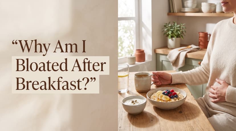Woman holding her stomach at a kitchen table with a bowl of oatmeal topped with banana and berries, a cup of tea, and a glass of lemon water